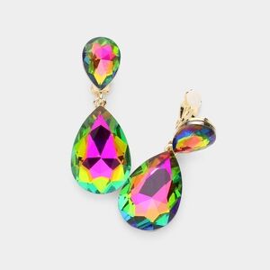 Vitrail Dangle Crystal Clip On Earrings 2 Inches MultiColored Statement Jewelry
